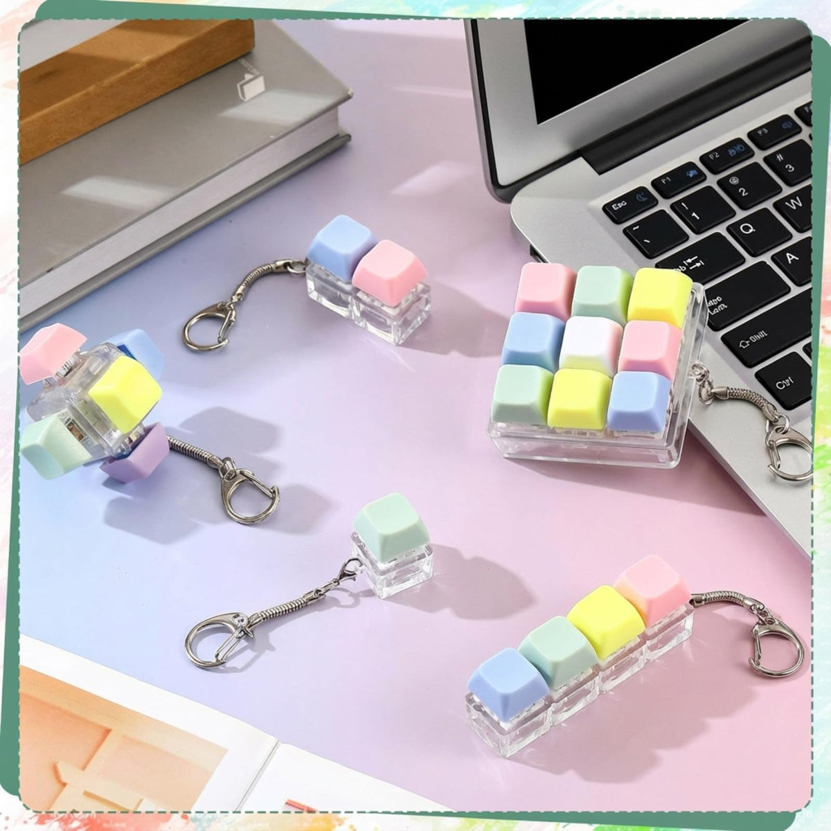 Durable ABS keyboard fidget keychain set in bright colors for daily use.