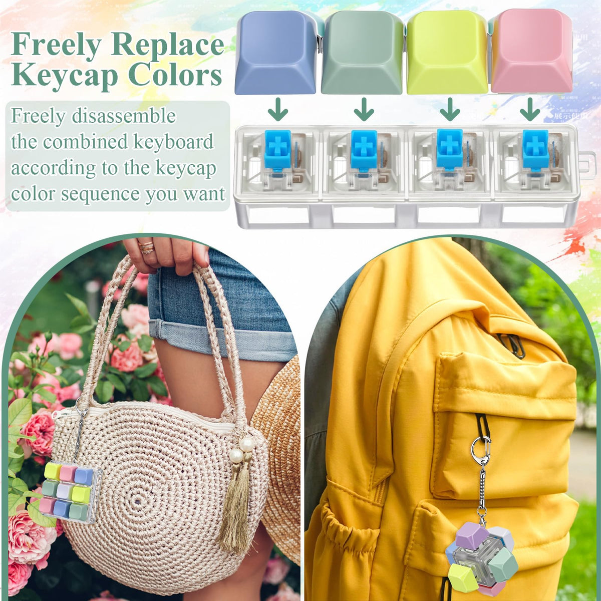 Compact-size VioraWhite keyboard fidget keychain, easy to carry on bags or notebooks.