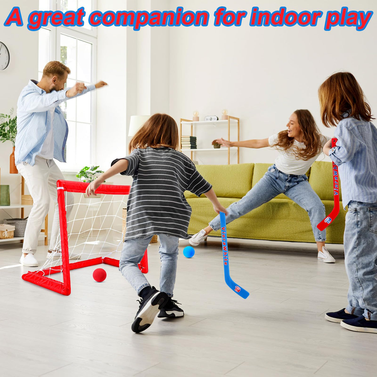 VioraWhite indoor knee hockey play promotes active, space-saving fun at home
