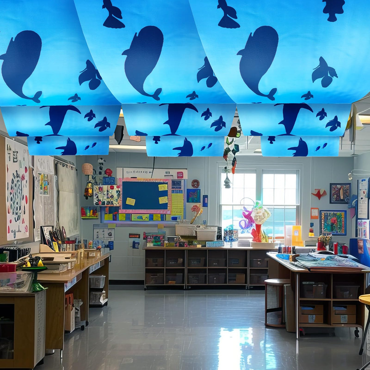 VioraWhite ocean ceiling banner starfish creates coastal party atmosphere.