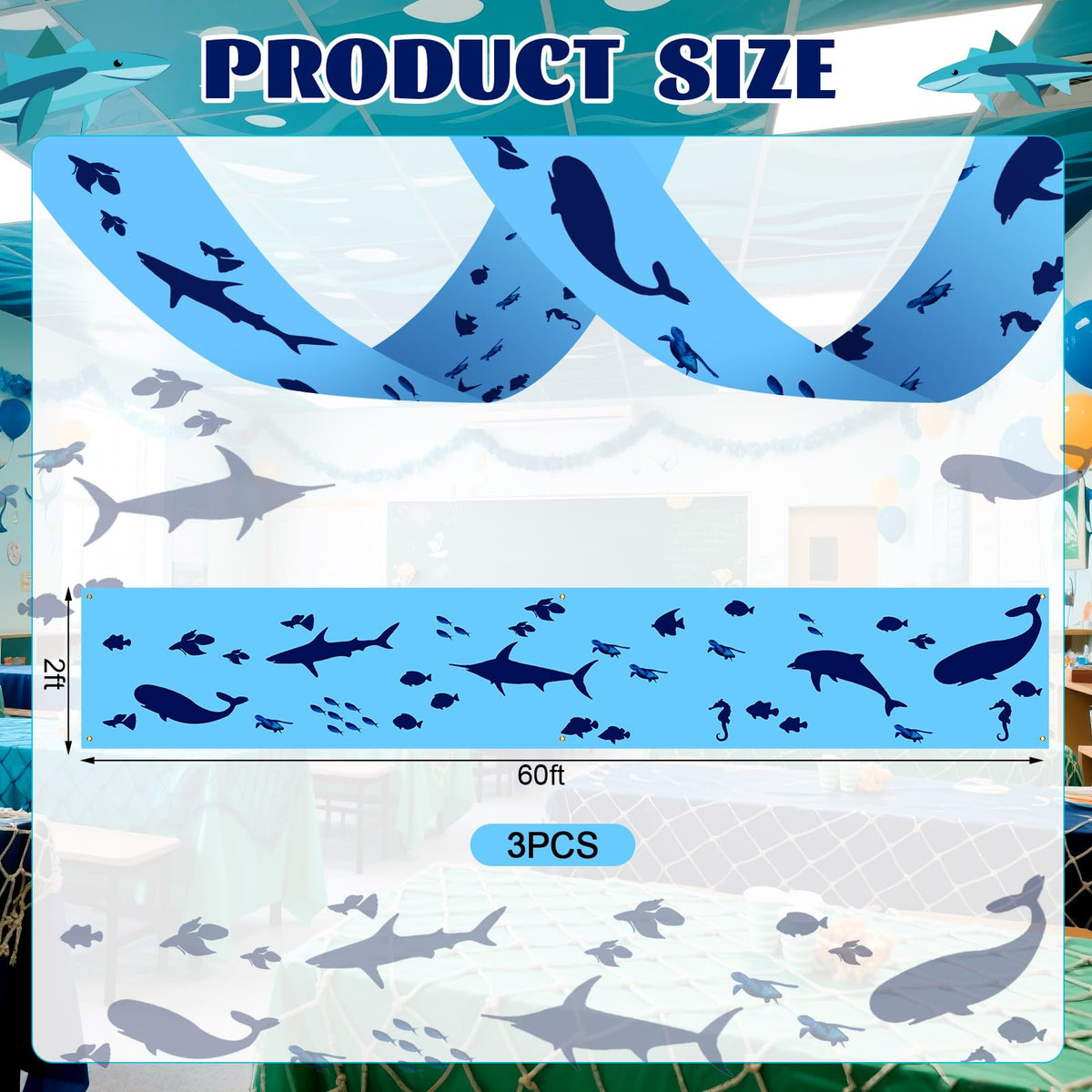 VioraWhite ocean ceiling banner whale adds marine drama to events.