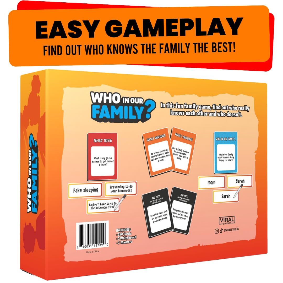 Viral Studios Who in Our Family 250 cards fuel diverse prompts for replayability.