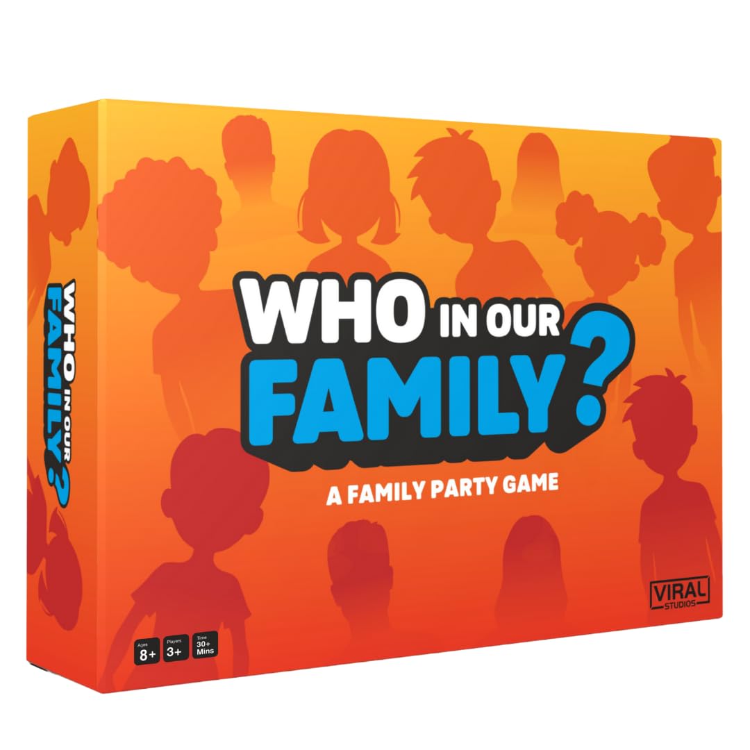 Viral Studios Who in Our Family cover shows bright family game night setup.