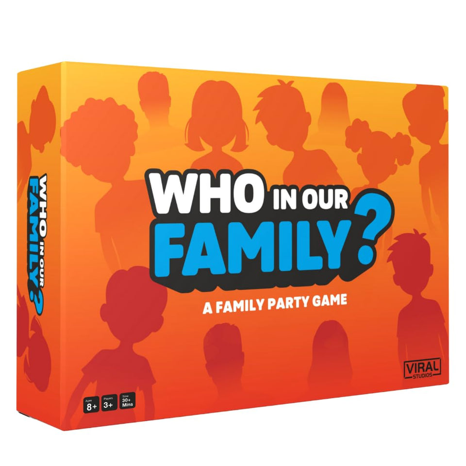 Viral Studios Who in Our Family cover shows bright family game night setup.