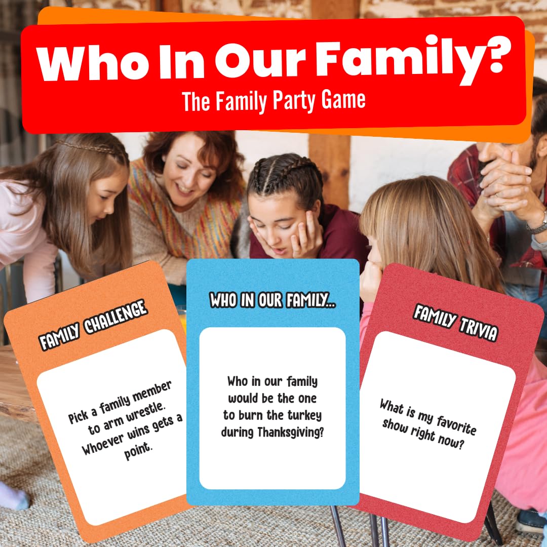 Viral Studios Who in Our Family trivia cards spark quick laughter during game night.