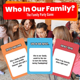 Viral Studios Who in Our Family trivia cards spark quick laughter during game night.