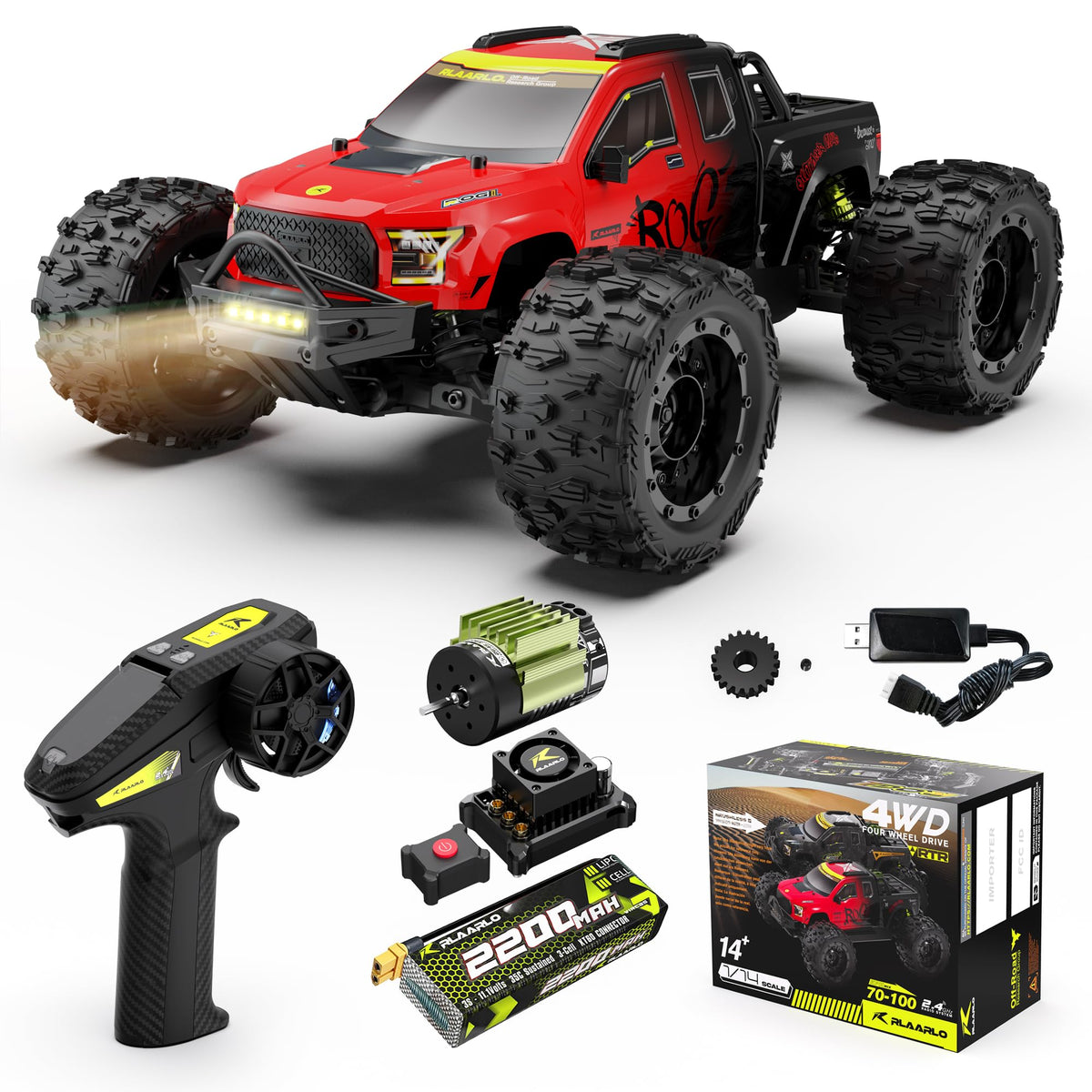 VIRCAS 1/14 brushless RC car front view showcases a speed ready chassis for quick accelerations