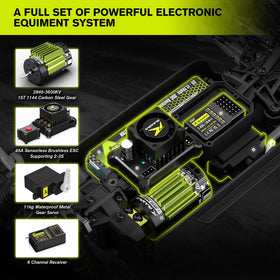 VIRCAS 1/14 brushless RC car side profile highlights maneuverability on varied terrain