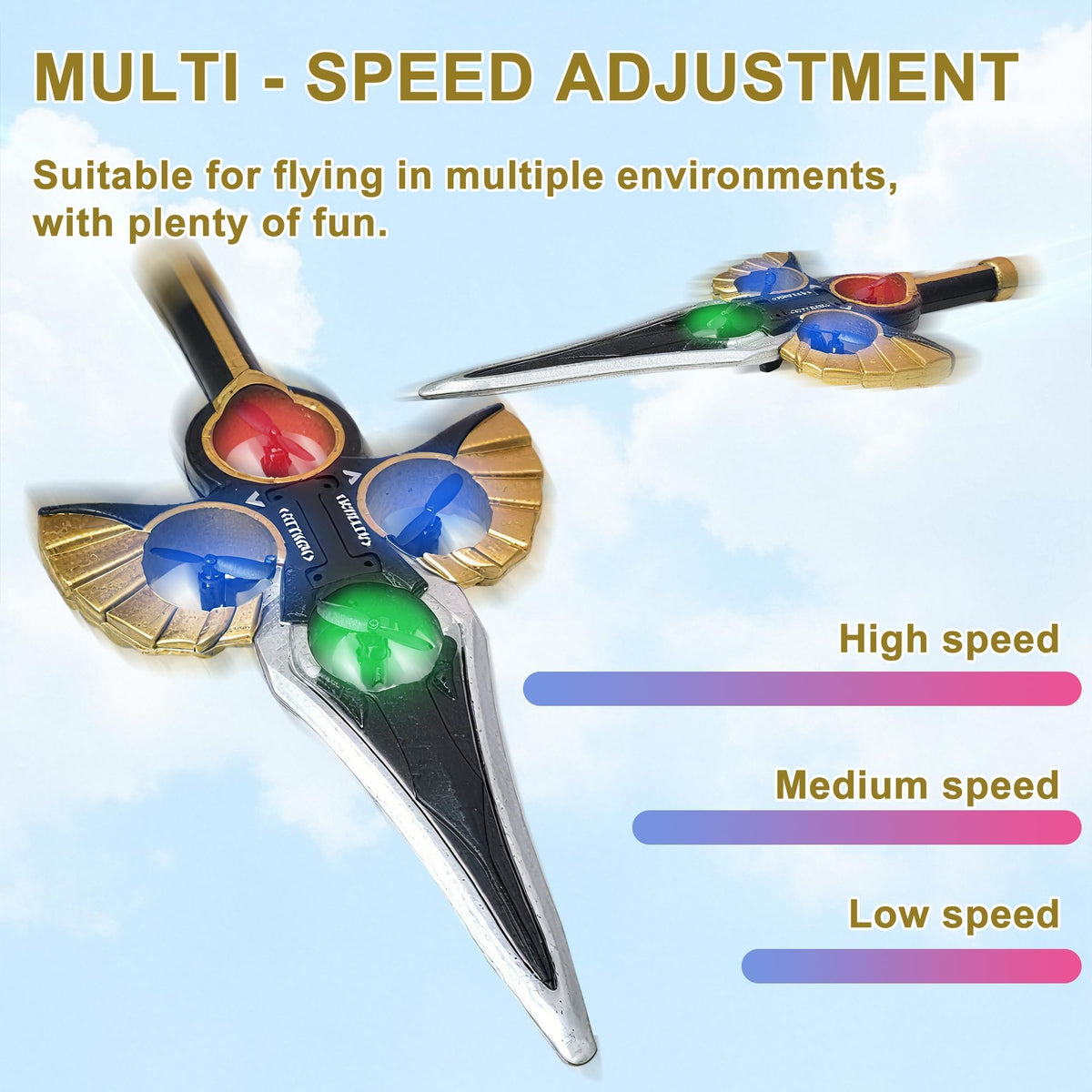 Virellia Flying Sword LED lights illuminate night aerial maneuvers.