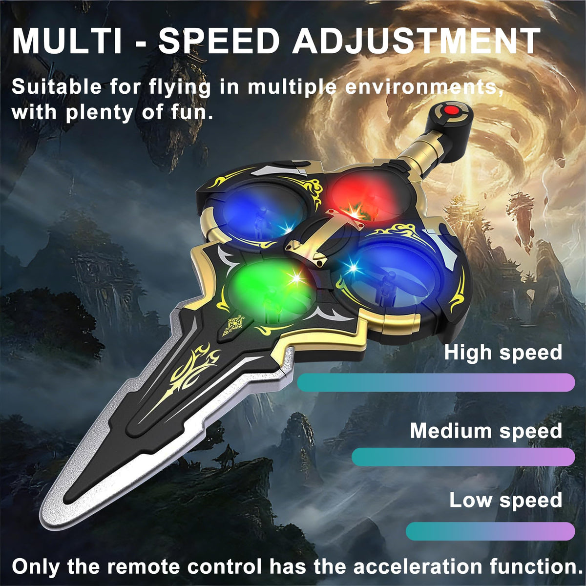 Virellia RC sword with LED lights illuminate the night sky.