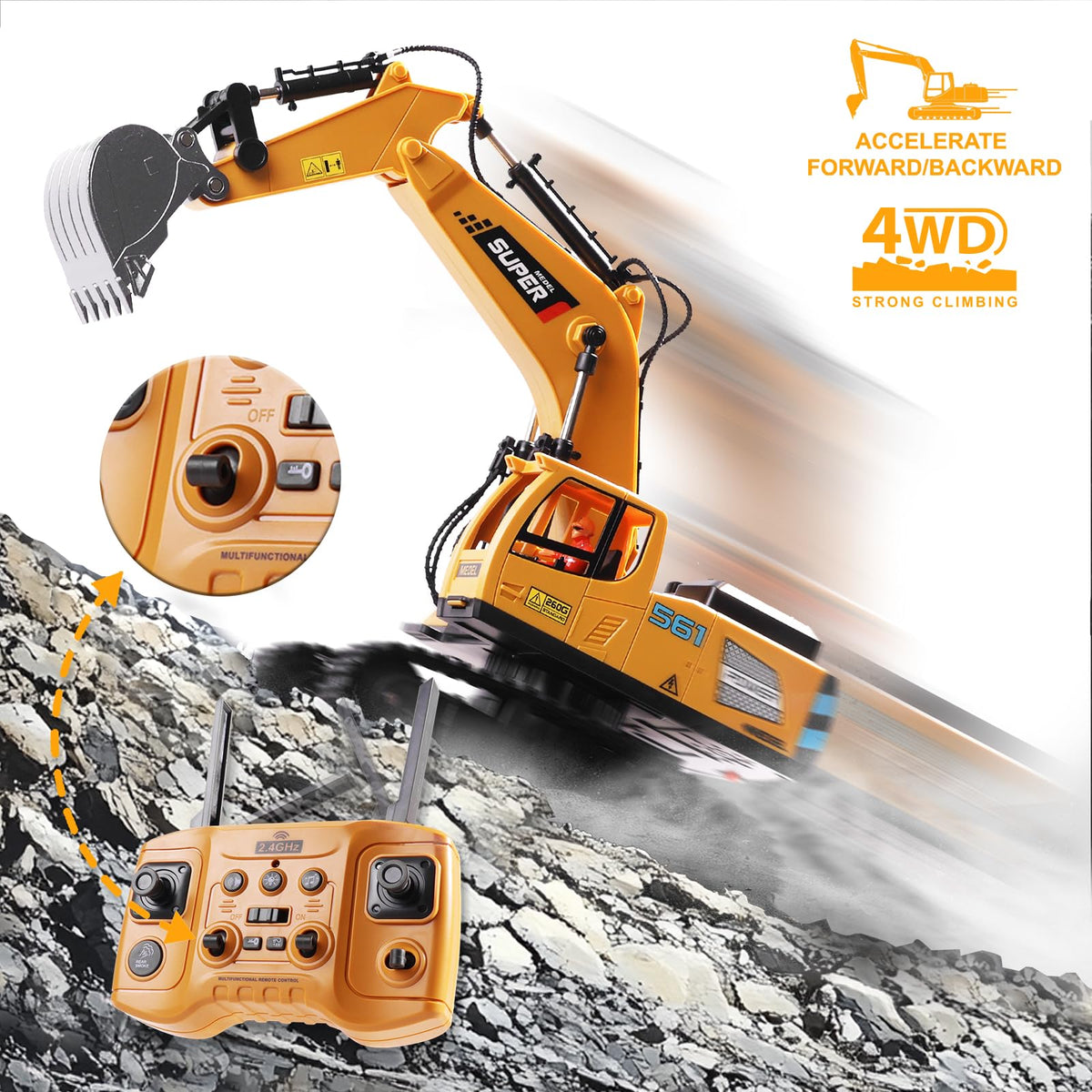 ViRockSign excavator lights and smoke effect add dramatic realism