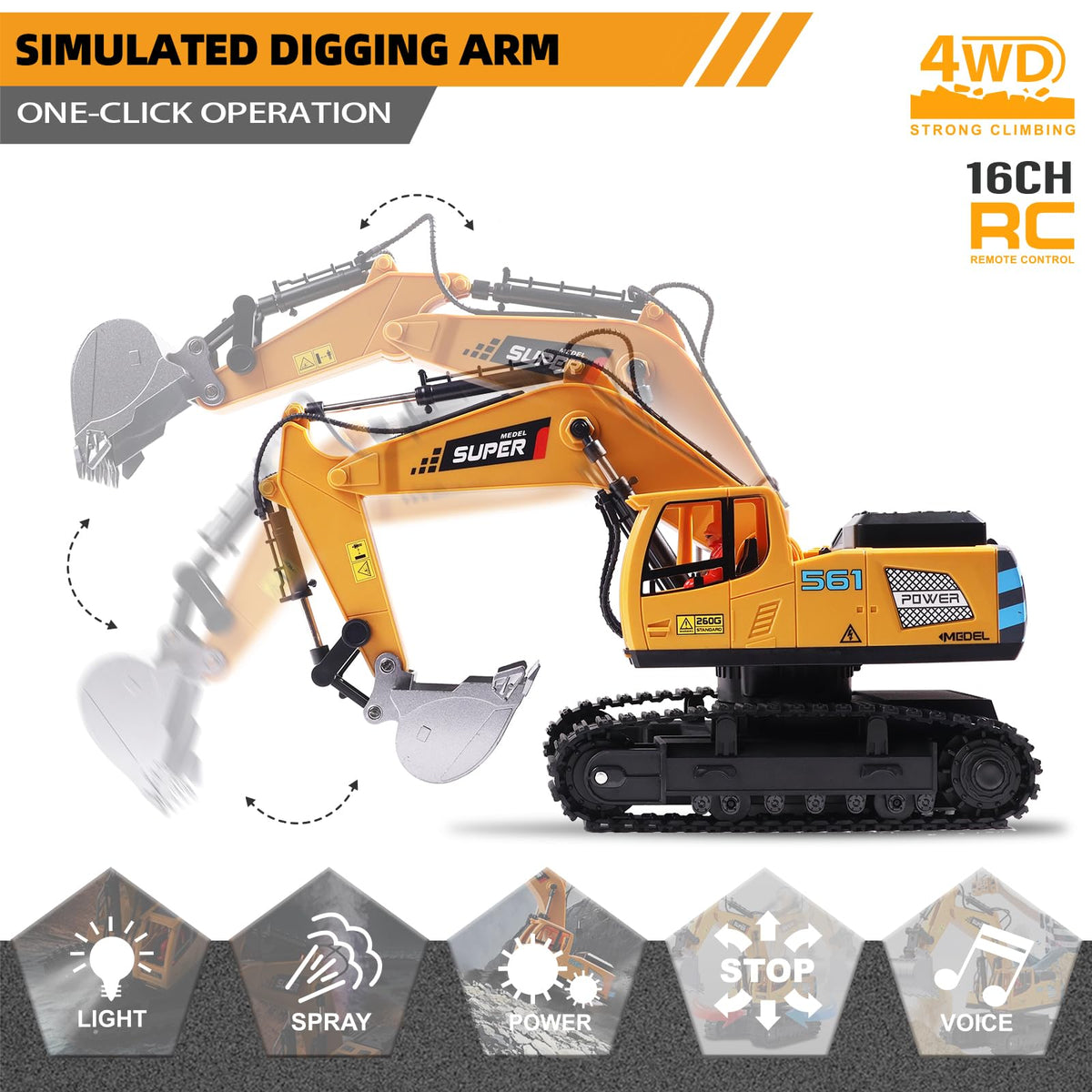 ViRockSign RC excavator metal shovel close-up emphasizes sturdy metal blade