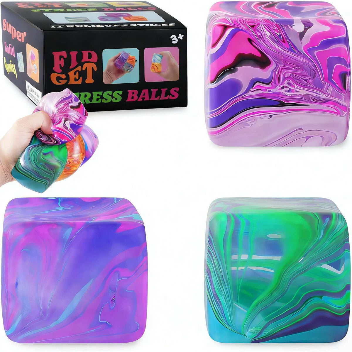 Viroucal 3Pack Big Squishy Stress Cubes in pink, green, and purple for on-the-go focus.