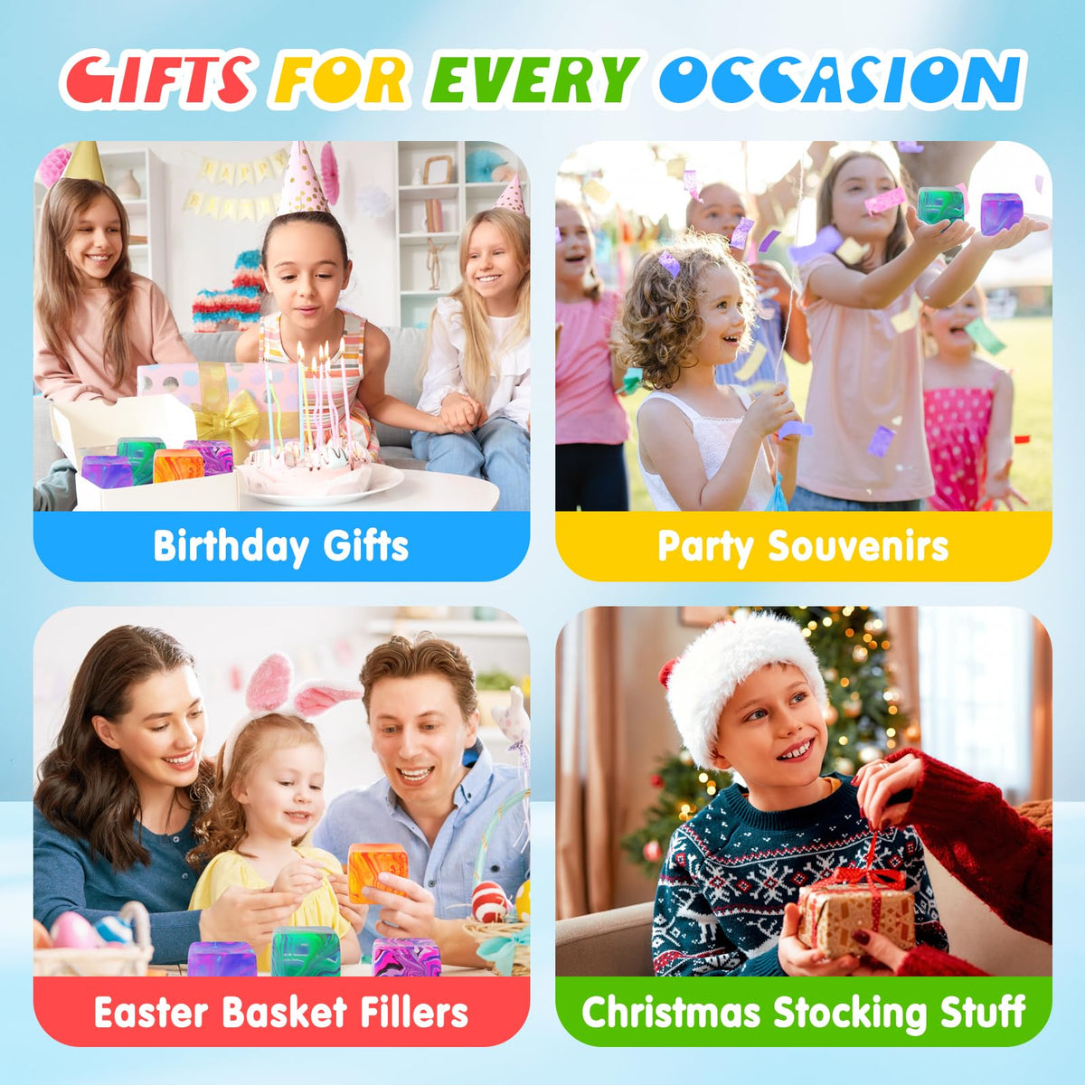 Viroucal party favors stress cubes for celebrations and hands-on fun.