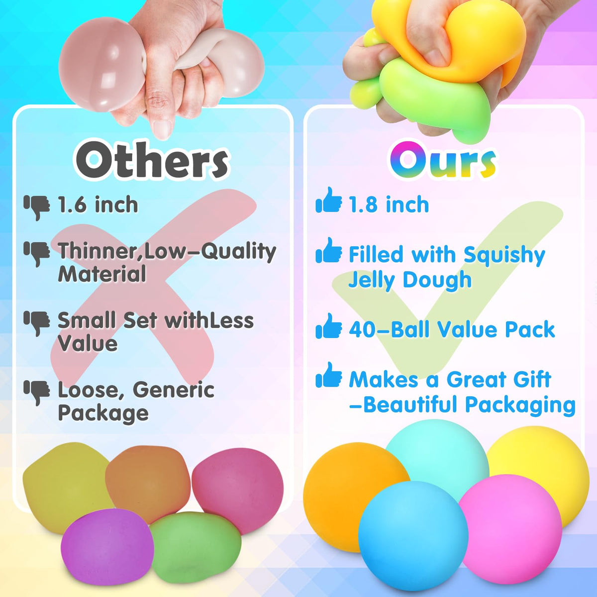 Viroucal rubber squish ball closeup with vibrant colors