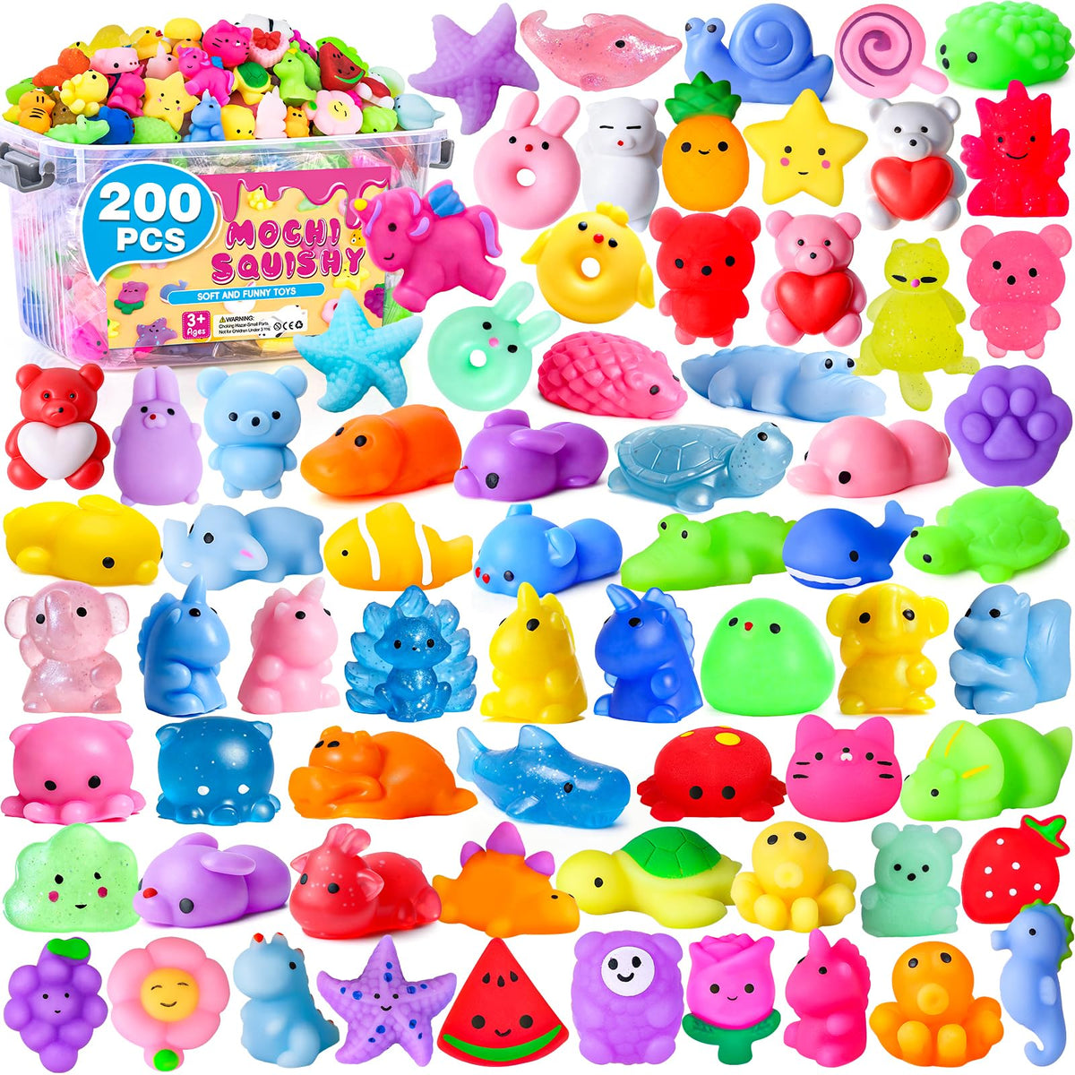 VISCOO 200-pack assorted animals squishies for tactile play and colorful fun.