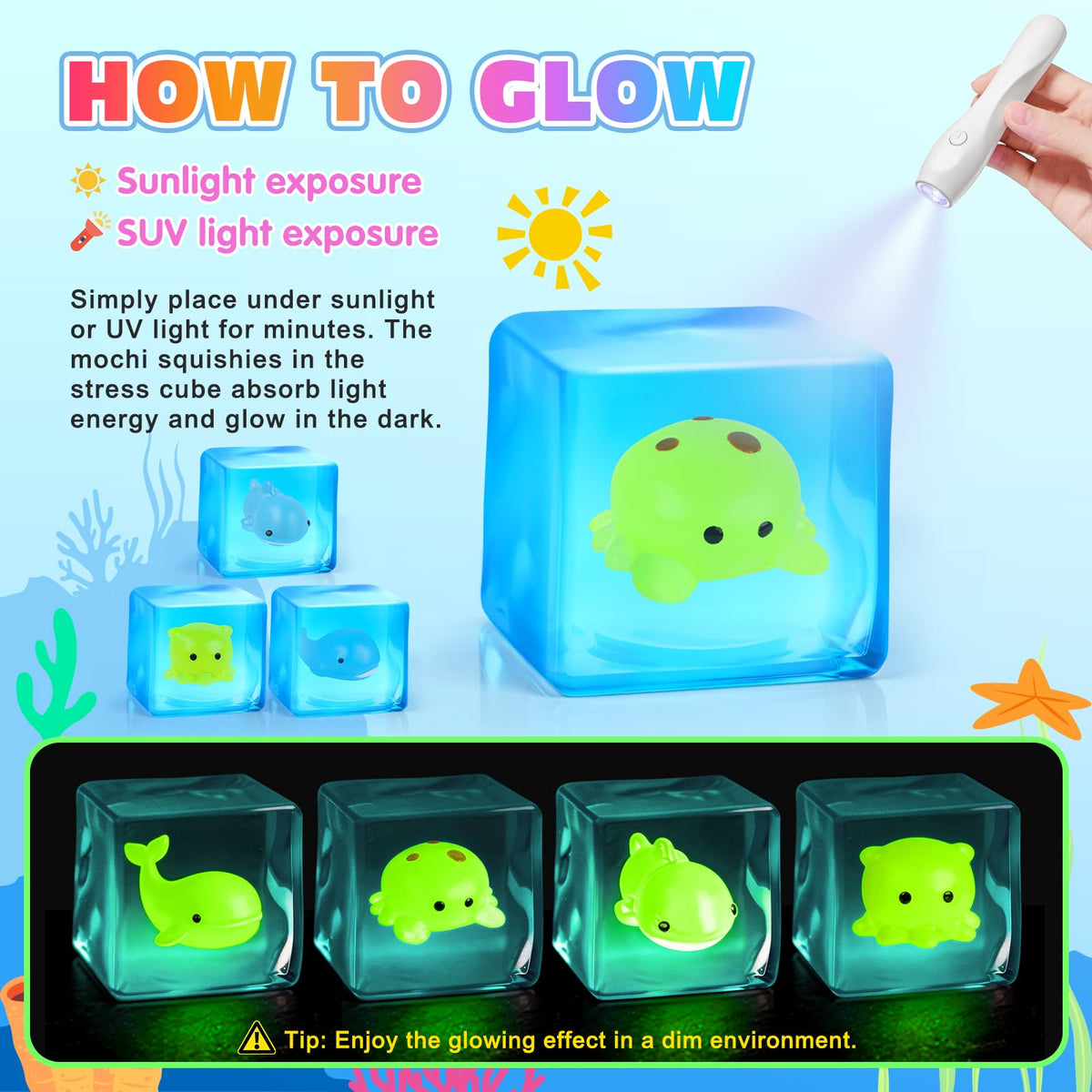 VISCOO Octopus glow cube—colorful squeeze toy for focus and soothing bedtime play.
