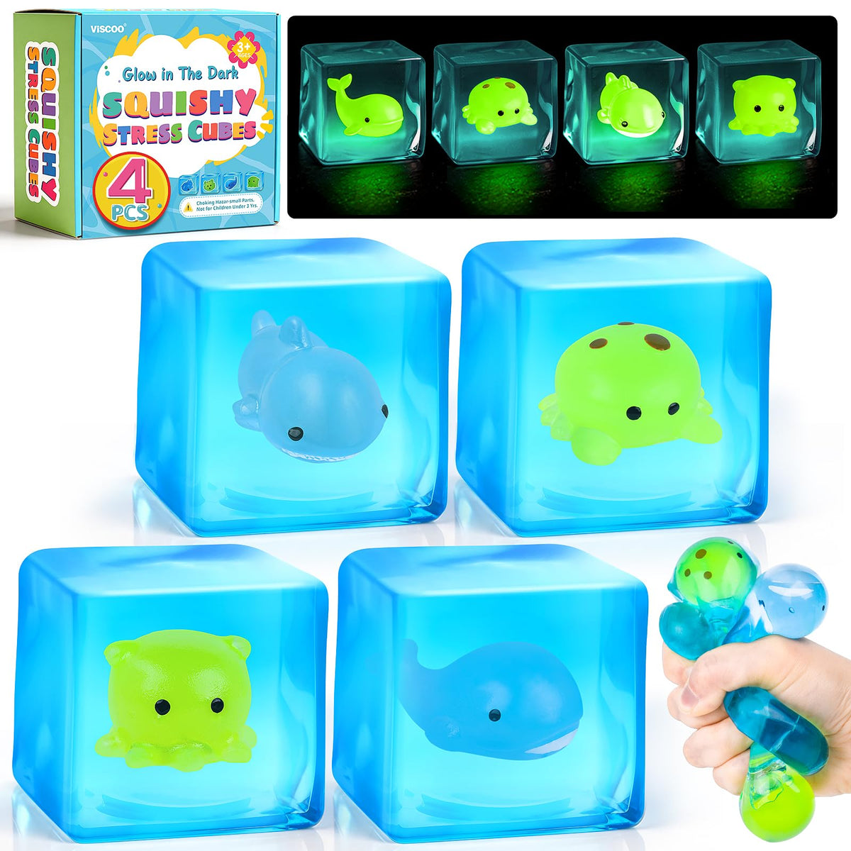 VISCOO Stress Cube 4-pack glow-in-the-dark ocean animals for calming sensory play.