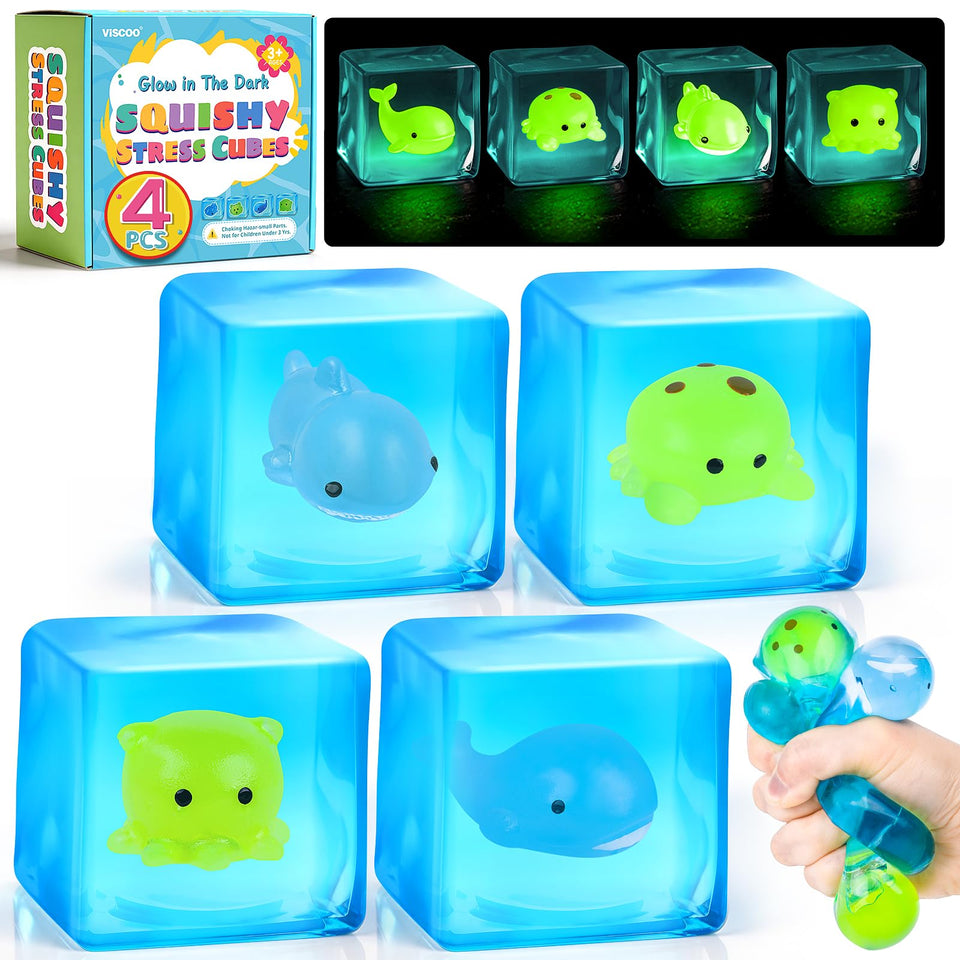 VISCOO Stress Cube 4-pack glow-in-the-dark ocean animals for calming sensory play.