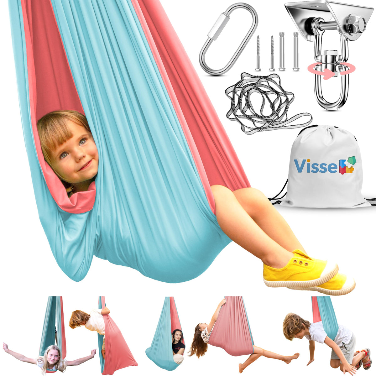 VISSE sensory swing envelops a kid in a cocoon for calming time