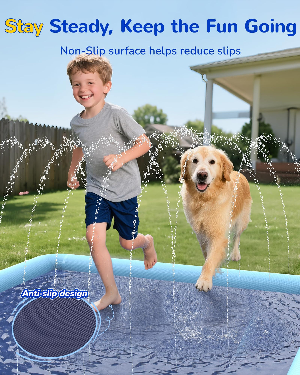 VISTOP splash pad water-sprinkler action cools kids and pets outdoors.