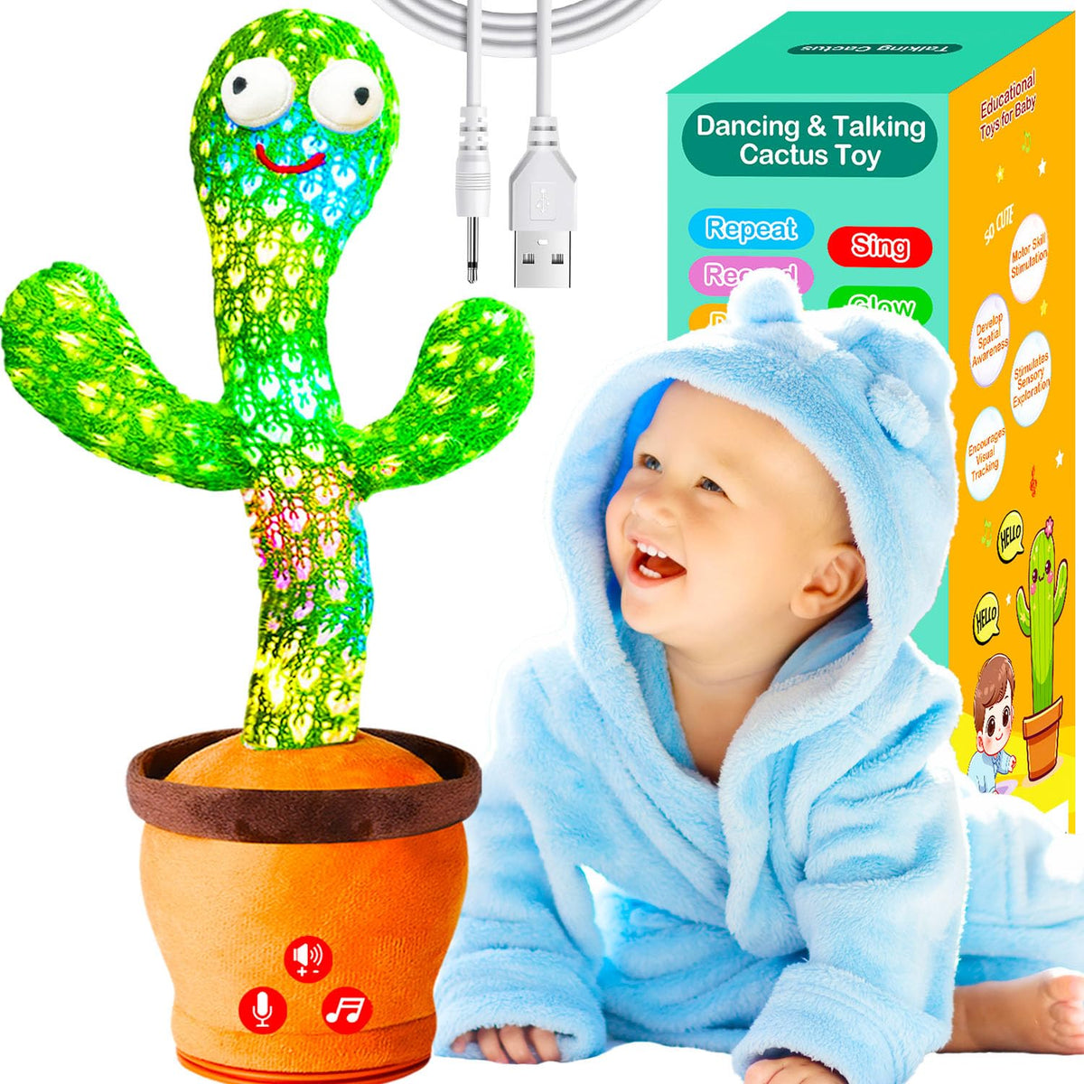 Vitosup dancing talking cactus toy front view with colorful lights for active play
