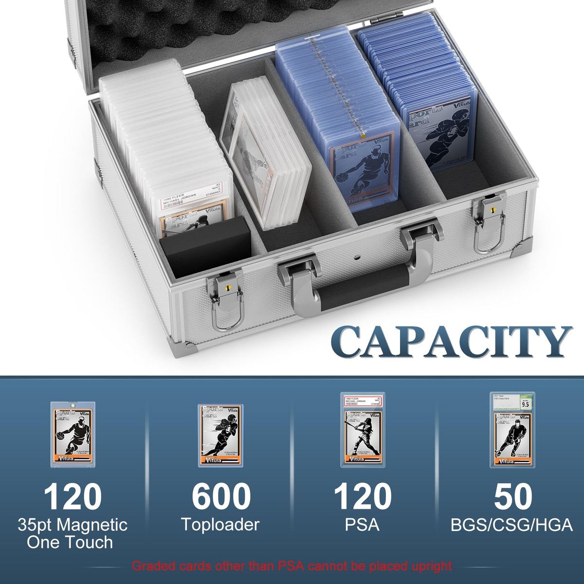 Vitula card case holding 120 PSA slabs with secure arrangement.