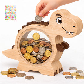 VivaFaux dinosaur piggy bank with clear window for quick savings tracking.