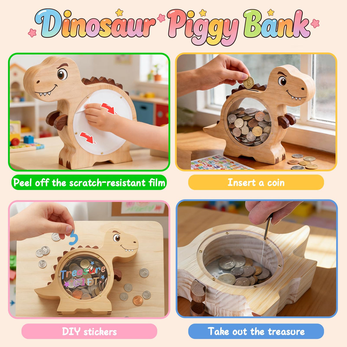 VivaFaux acrylic-panel piggy bank keeps coins secure and accessible.