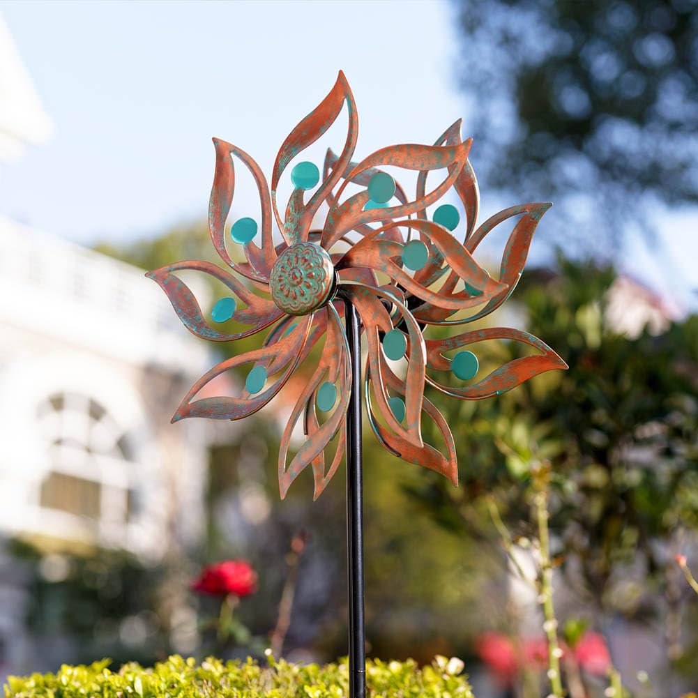 Viveta wind spinner with bronze powder coat finish resists weather for year-round garden decor
