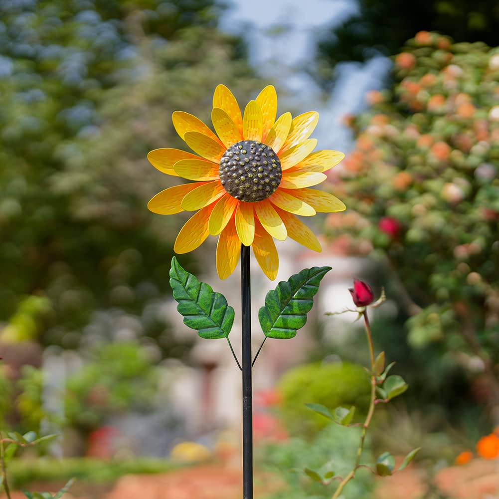 Viveta Sunflower Wind Spinner with stake spins smoothly in breeze for garden decor