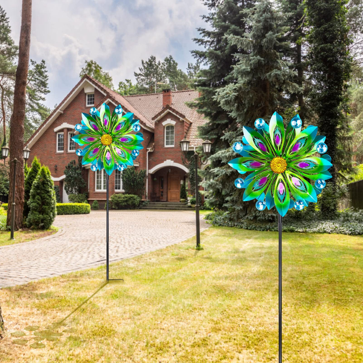 Viveta wind spinner blades with peacock tail design enhance garden charm.
