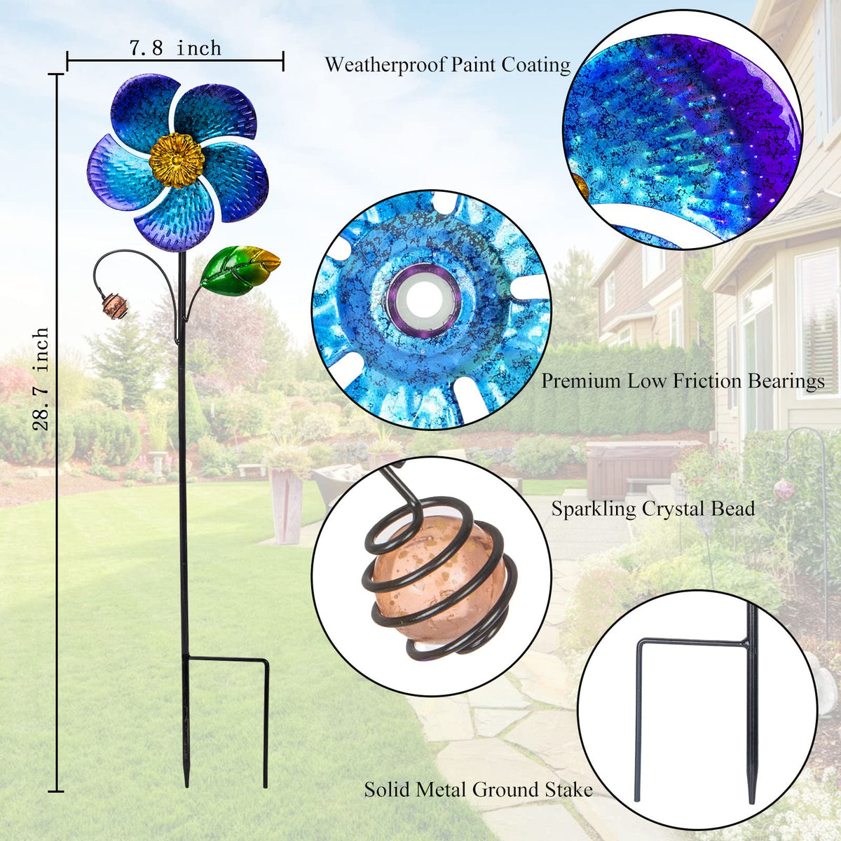 Viveta wind spinner close-up on blue petals with crystal bead, decorative focal point