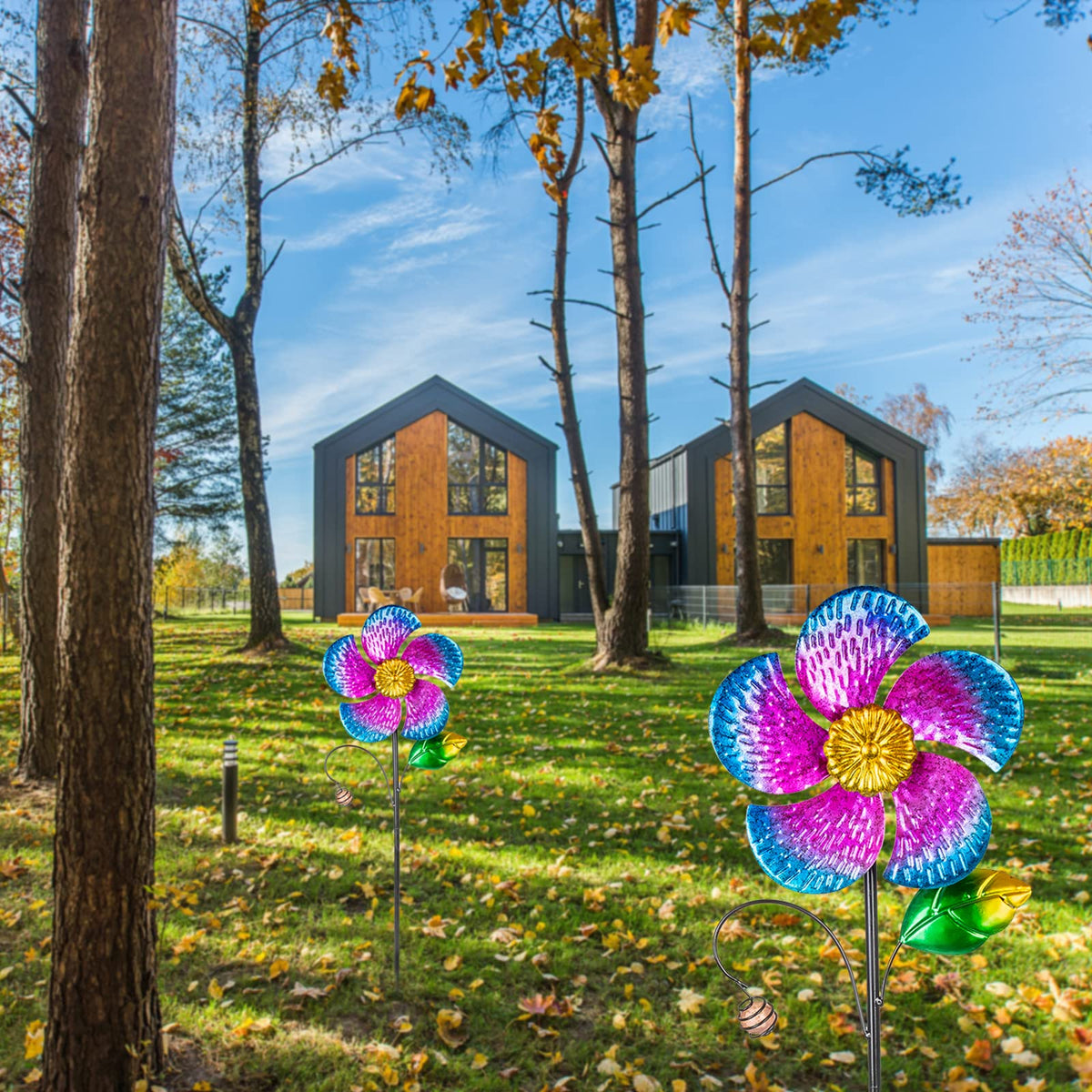 Viveta wind spinner garden decor with purple flower motif enhances outdoor appeal and movement