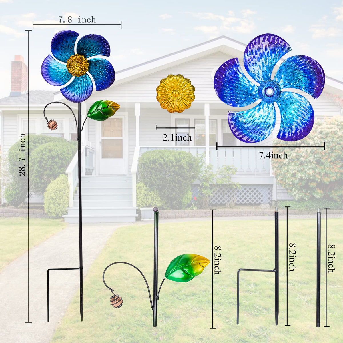 Viveta wind spinner with metal stake and installation steps, quick ground setup