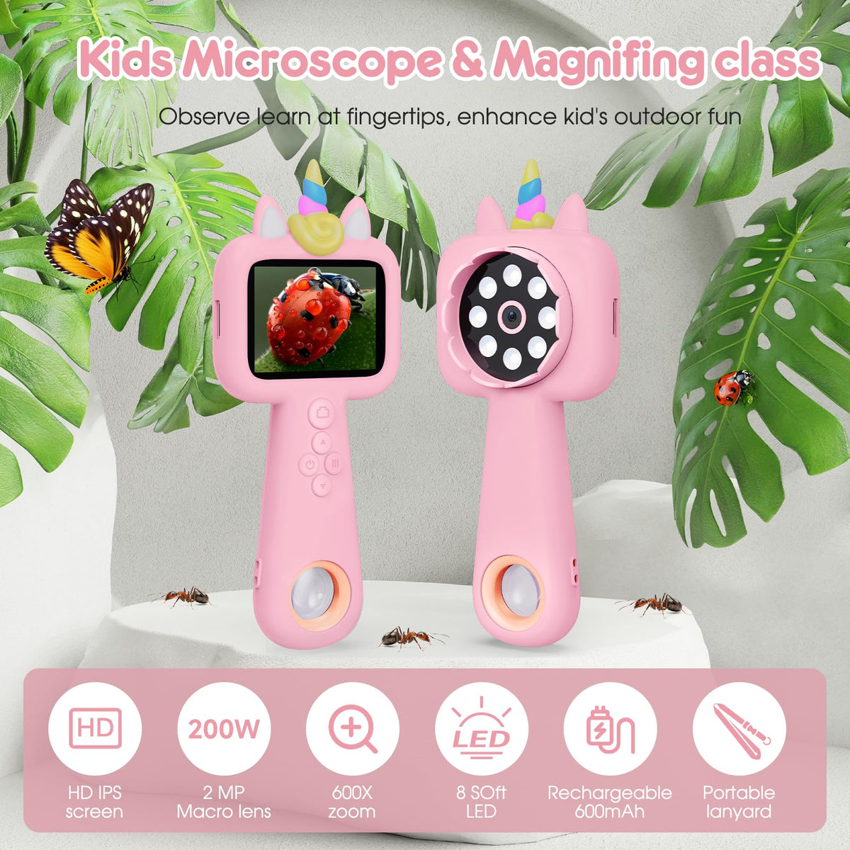 Vivid Glass kids microscope with LED illumination for clear, detailed close-ups.