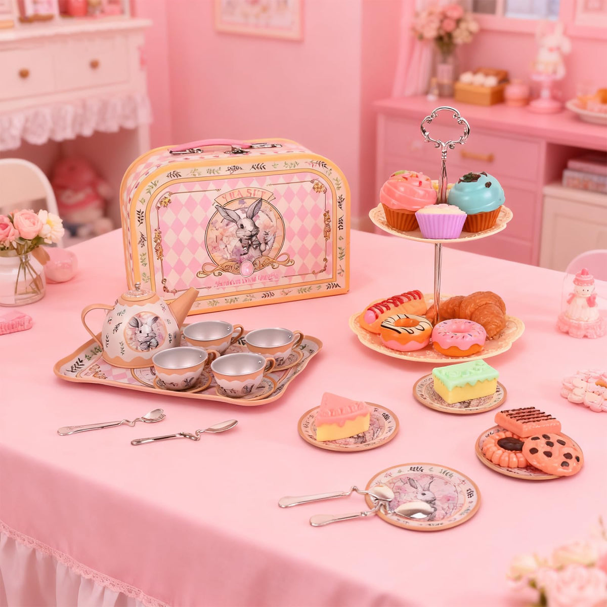 Viwulute Tea Party Set carrying case for easy cleanup and transport.