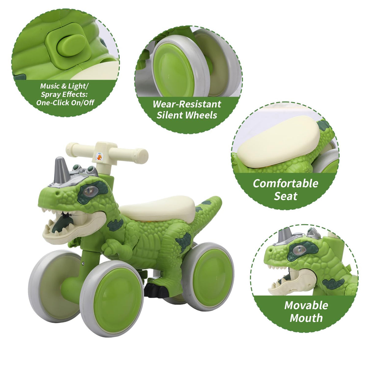 VIZZTY dino roars and music feature engages toddlers during rides.