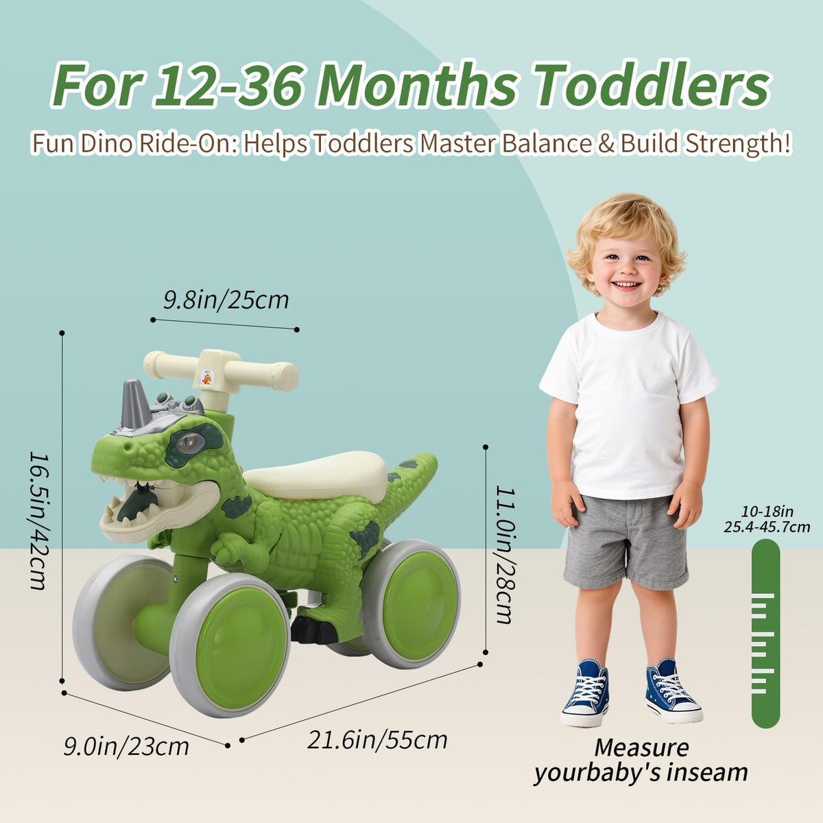 VIZZTY dinosaur balance bike side view emphasizes stability and smooth steering.