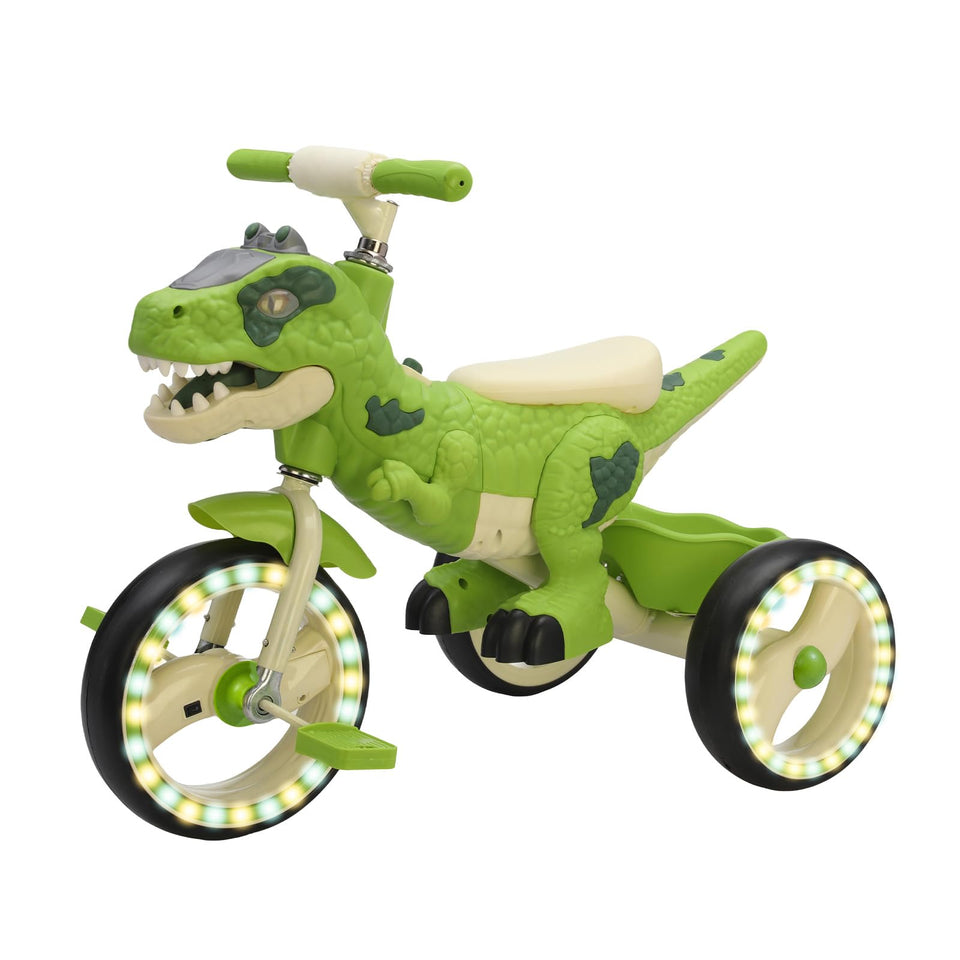 VIZZTY Dinosaur Kids Tricycle in green with storage basket for treasures.