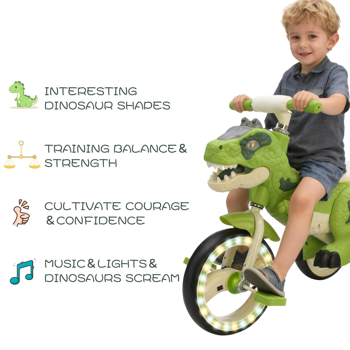 VIZZTY Dinosaur-themed tricycle with music and lights for engaging play.