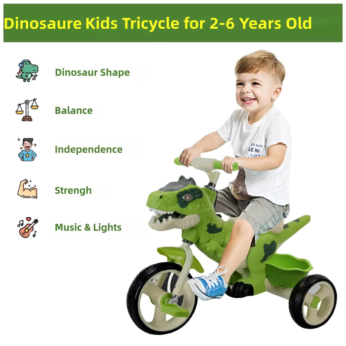 VIZZTY dinosaur-themed styling inspires imaginative riding for kids.