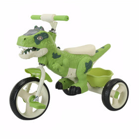 VIZZTY dinosaur tricycle green side view, ideal for outdoor toddler adventures.