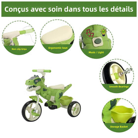 VIZZTY dinosaur tricycle storage basket keeps treasures within easy reach.