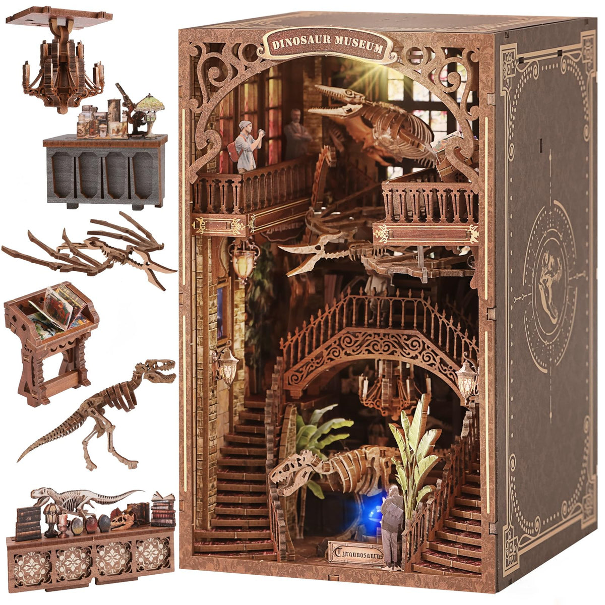 VkotaVkoty dinosaur museum book nook with LED light for cozy shelf display