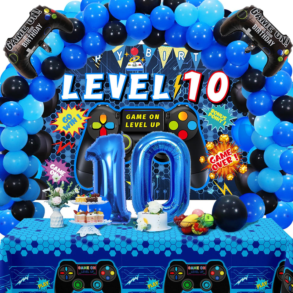 Vlipoeasn blue 10th birthday video game backdrop decor for festive photos.