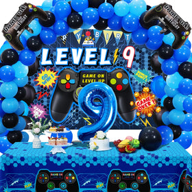 Vlipoeasn blue 9-foil balloon enhances a vibrant 9th birthday display.