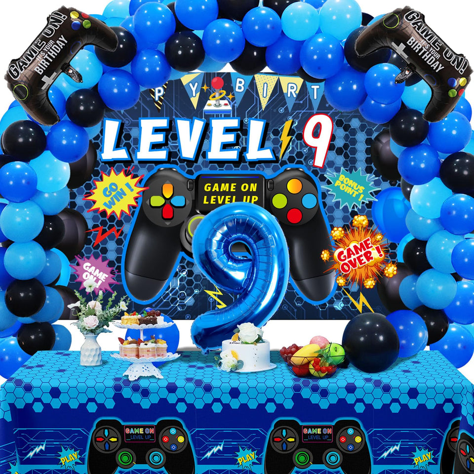 Vlipoeasn blue 9-foil balloon enhances a vibrant 9th birthday display.