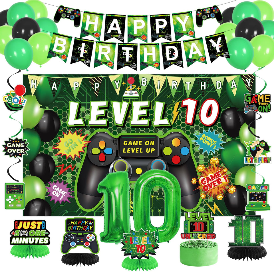 Vlipoeasn Level 10 backdrop enhances a video game themed party wall