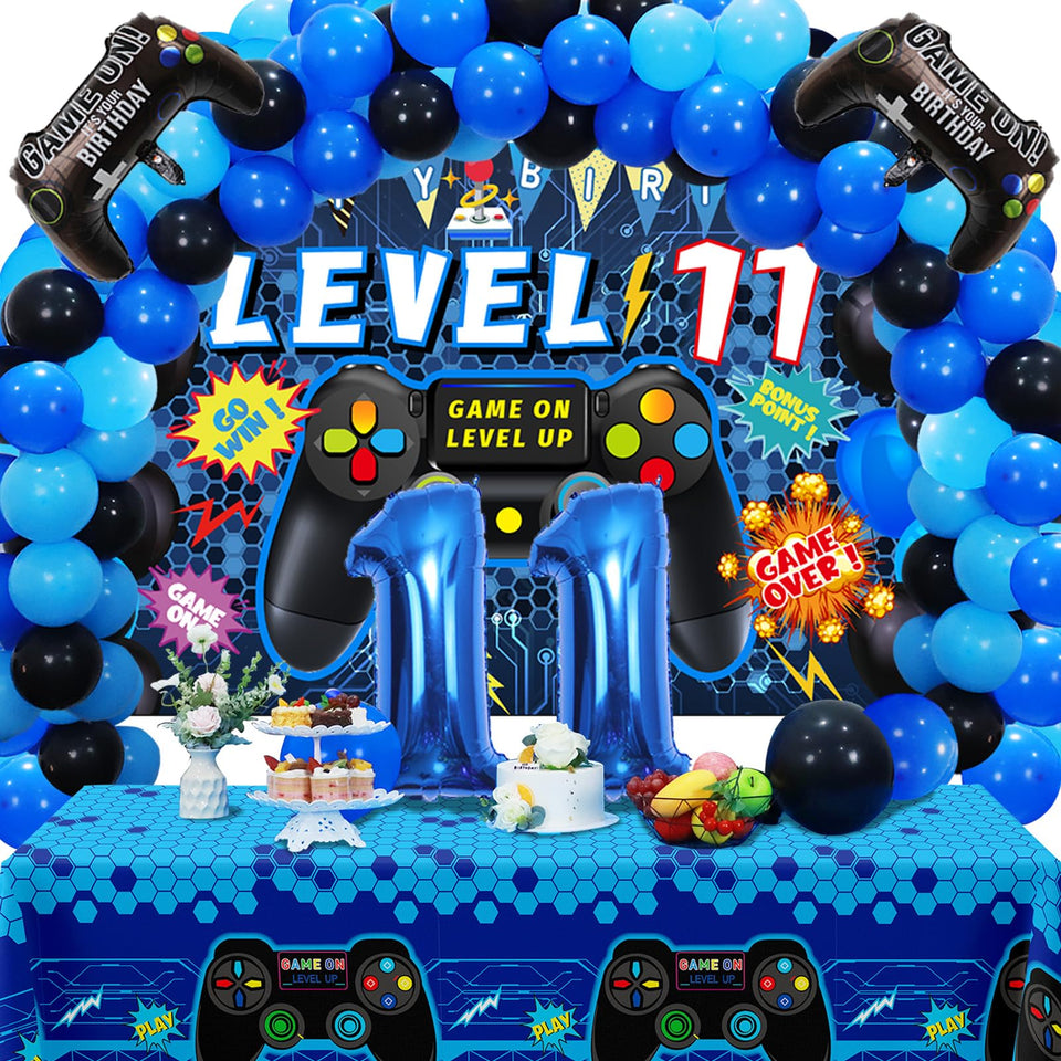 Vlipoeasn video game backdrop in blue for an 11th birthday photo wall